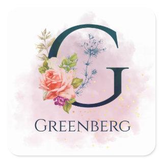 Fancy Floral Monogram Letter G Watercolor Splash  Square Sticker