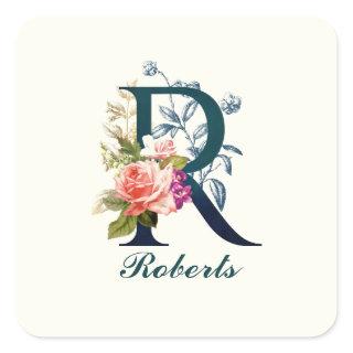 Fancy Floral Monogram Letter R Square Sticker