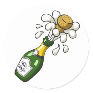 Fancy Green Cartoon Champagne Bottle Popping Cork Classic Round Sticker