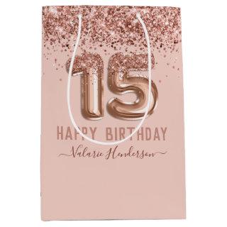 Fancy Script Pink Glitter Happy 15th Birthday Medium Gift Bag