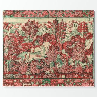 FANTASY ANIMALS,HORSES,WOODLAND Red Green Floral