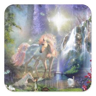 Fantasy Mother Unicorn and Baby in a Fairy Garden Square Sticker