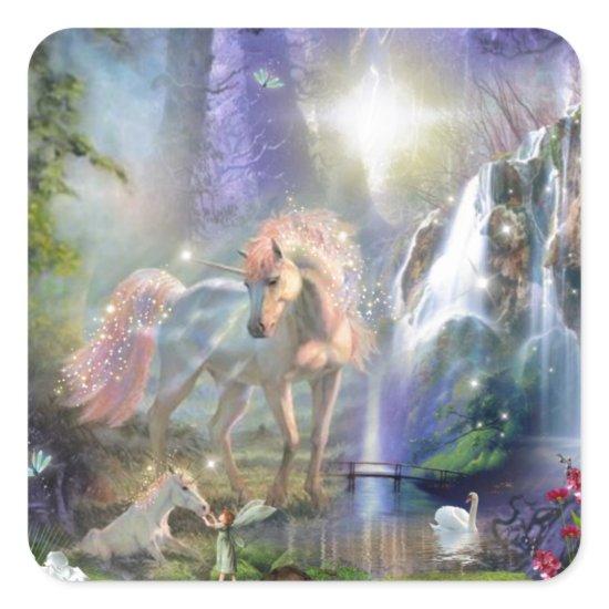 Fantasy Mother Unicorn and Baby in a Fairy Garden Square Sticker