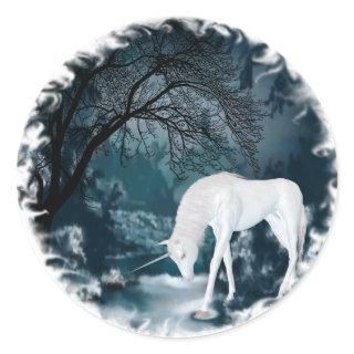 Fantasy White Unicorn in Forest Mythology Art Classic Round Sticker