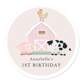 Farm Animals Barnyard Pink Girl Birthday Classic Round Sticker