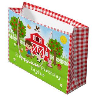 Farm Red Barn Brown Hair Boy Happy Birthday Large Gift Bag