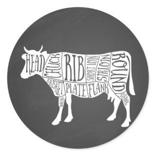 farmer cow beef butcher meat cuts art small holder classic round sticker