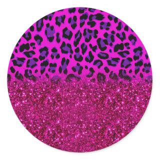 Fashion Modern Pink Purple Glitter Leopard Classic Round Sticker