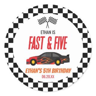 Fast & Five Red Flame Race Car 5th Birthday Party Classic Round Sticker
