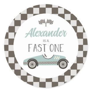 Fast One blue Race Car Birthday Classic Round Sticker