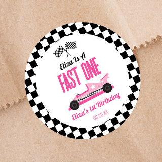 Fast One Pink Race Car First 1st Birthday Party Classic Round Sticker