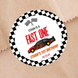 Fast One Red Flame Race Car 1st Birthday Party Classic Round Sticker