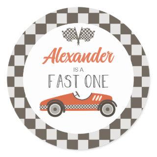 Fast One red Race Car Birthday Classic Round Sticker