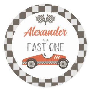 Fast One red Race Car Birthday Classic Round Sticker