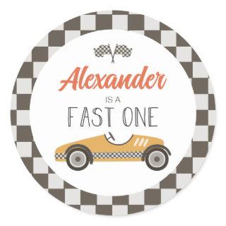 Fast One yellow Race Car Birthday Classic Round Sticker