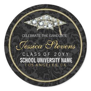 Faux Damions And Gold Graduation Hat 2a Classic Round Sticker