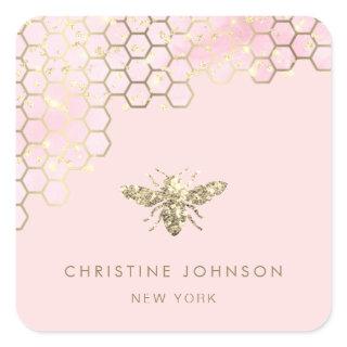 faux glitter bee on blush pink square sticker