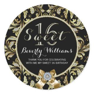 Faux Glitter & Gold Lace On Black Sweet 16 2 Classic Round Sticker