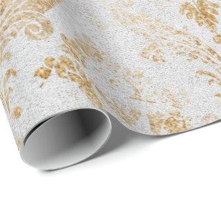 Faux Gold Floral Cottage Grungy Damask Gray Royal