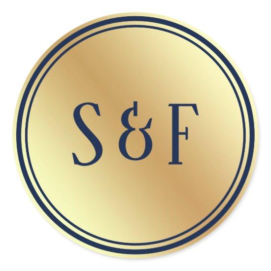 Faux Gold Foil Blue Wedding Monogram Envelope Seal