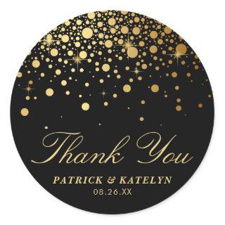 Faux Gold Foil Confetti Dots Thank You | Black Classic Round Sticker