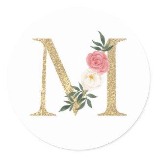 Faux Gold Foil Letter M Blush Floral Monogram Classic Round Sticker
