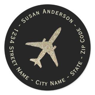 Faux Gold Glitter Airplane Return Address Label