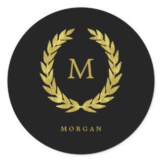 Faux Gold Laurel Wreath on Black with Monogram Classic Round Sticker