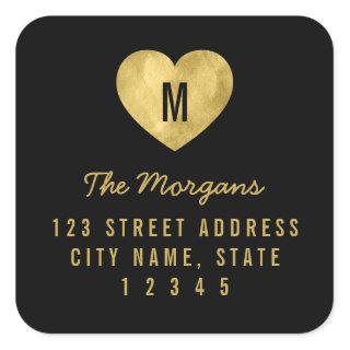 Faux Gold Monogram Heart Family Return Address Square Sticker