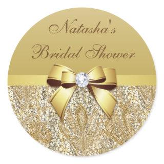 Faux Gold Sequins Bow Diamond Bridal Shower Classic Round Sticker