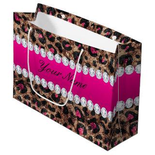 Faux Leopard Hot Pink Rose Gold Foil and Diamonds Large Gift Bag