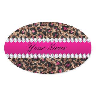 Faux Leopard Hot Pink Rose Gold Foil and Diamonds Oval Sticker