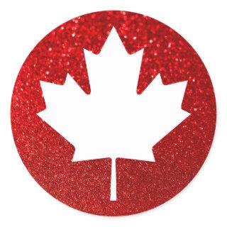 Faux Red Glitter White Maple Leaf Classic Round Sticker