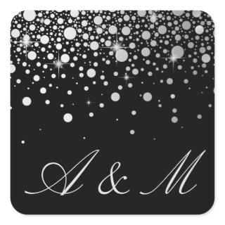 Faux Silver Foil Confetti Dots Black Monogram Square Sticker
