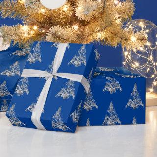 Faux Silver Gray Christmas Tree Pattern Blue