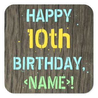 Faux Wood, Painted Text Look, 10th Birthday + Name Square Sticker