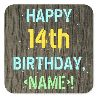 Faux Wood, Painted Text Look, 14th Birthday + Name Square Sticker