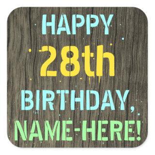 Faux Wood, Painted Text Look, 28th Birthday + Name Square Sticker