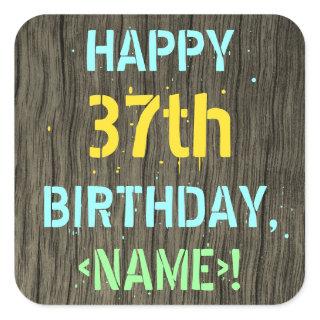 Faux Wood, Painted Text Look, 37th Birthday + Name Square Sticker