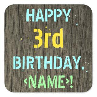 Faux Wood, Painted Text Look, 3rd Birthday + Name Square Sticker