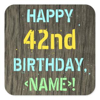 Faux Wood, Painted Text Look, 42nd Birthday + Name Square Sticker