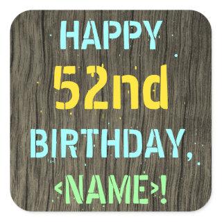 Faux Wood, Painted Text Look, 52nd Birthday + Name Square Sticker
