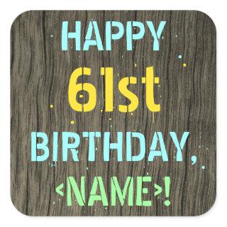 Faux Wood, Painted Text Look, 61st Birthday + Name Square Sticker