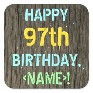 Faux Wood, Painted Text Look, 97th Birthday + Name Square Sticker