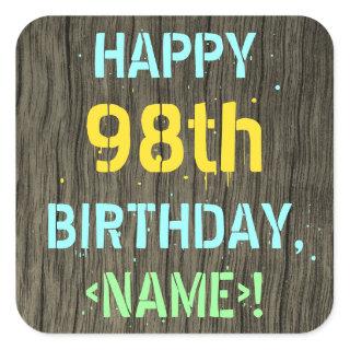 Faux Wood, Painted Text Look, 98th Birthday + Name Square Sticker