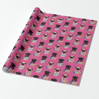 Fawn and Black Pugs In Flowers on Pink Gift