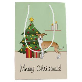Fawn And White Italian Greyhound & Christmas Tree Medium Gift Bag
