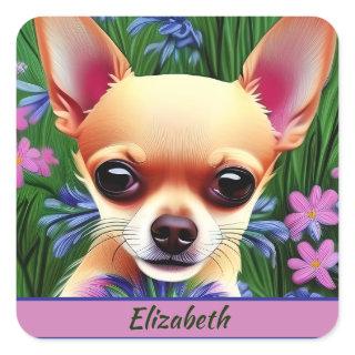 Fawn Chihuahua Puppy in Flower Meadow Personalized Square Sticker