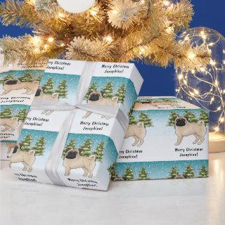 Fawn Pug Cute Cartoon Dog Snowy Winter Forest