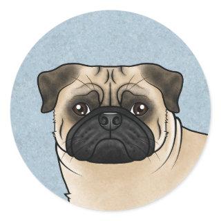 Fawn Pug Dog Head Close-Up Cartoon Illustration Classic Round Sticker